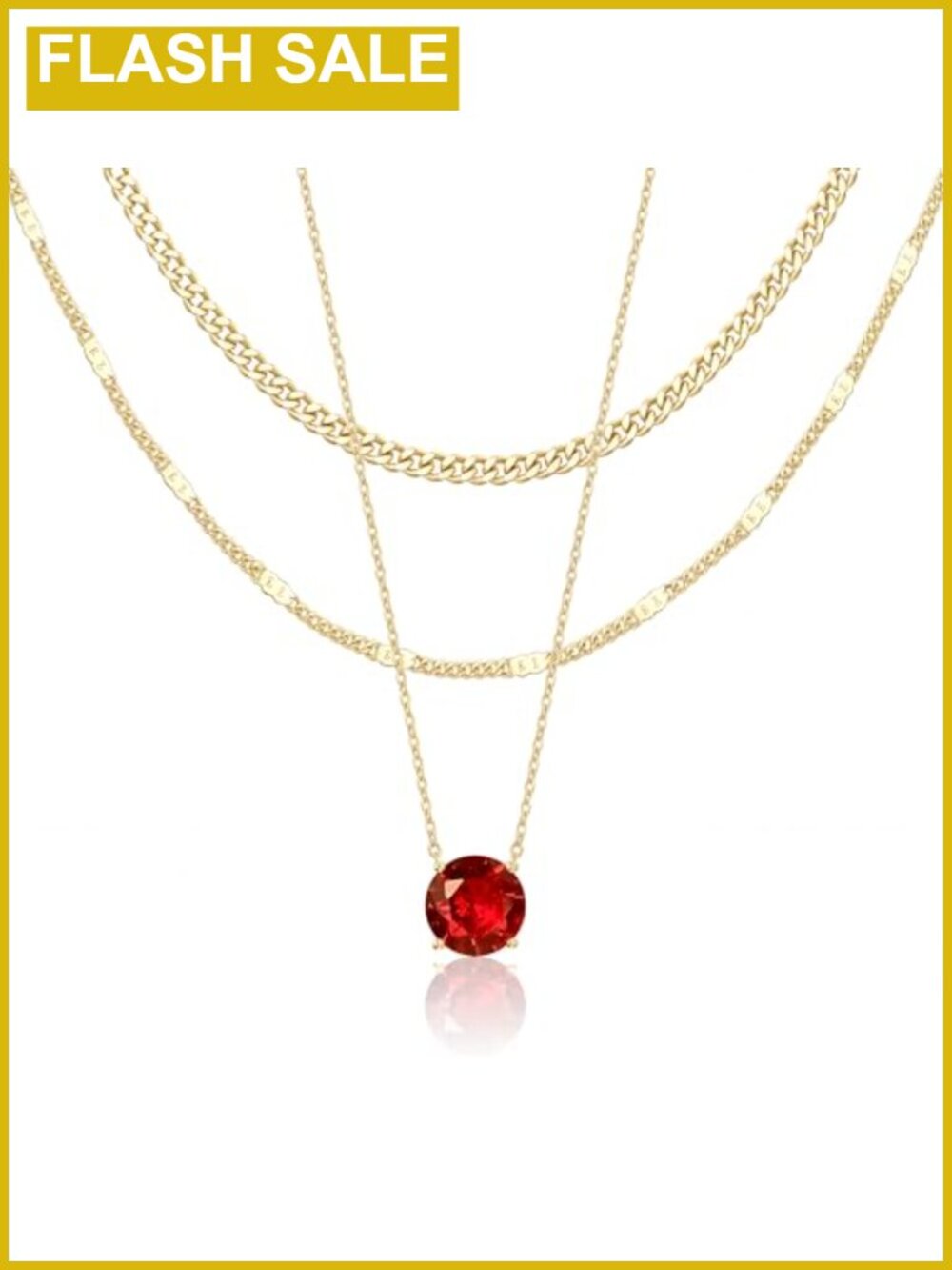 14K Gold Plated 3-Piece Layered Necklace Set Cuban Chain Created Ruby July
